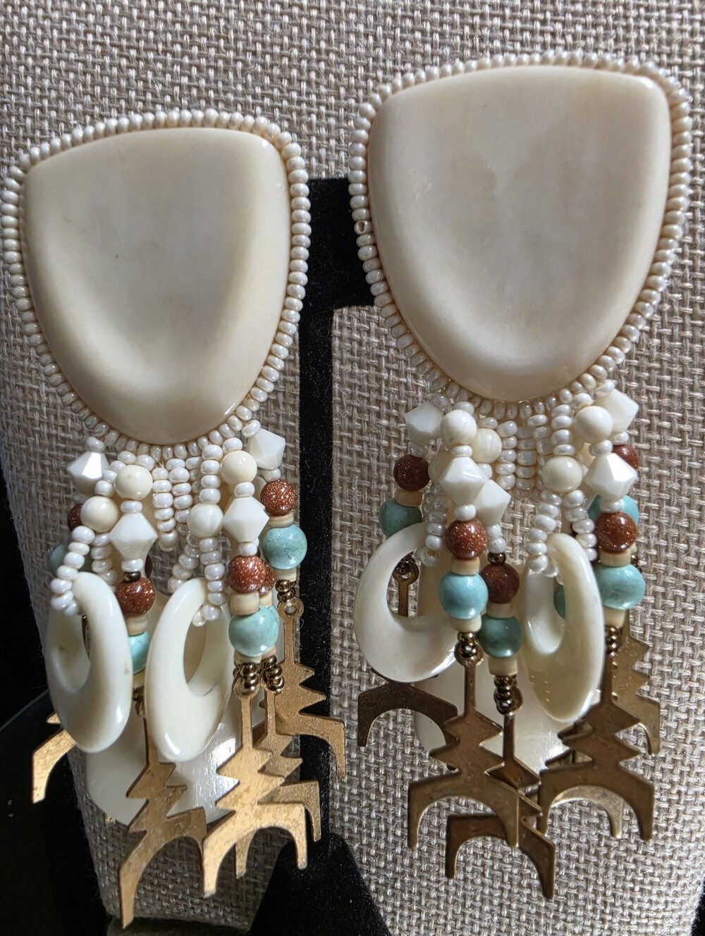 Vintage Southwestern Beadwork Clip On Statement Earrings